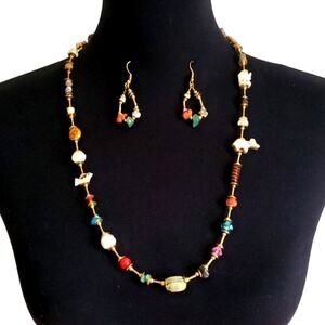 Egyptian Revival Necklace & Earrings Stone Glass Beads Boho Ethnic Animal Fetish